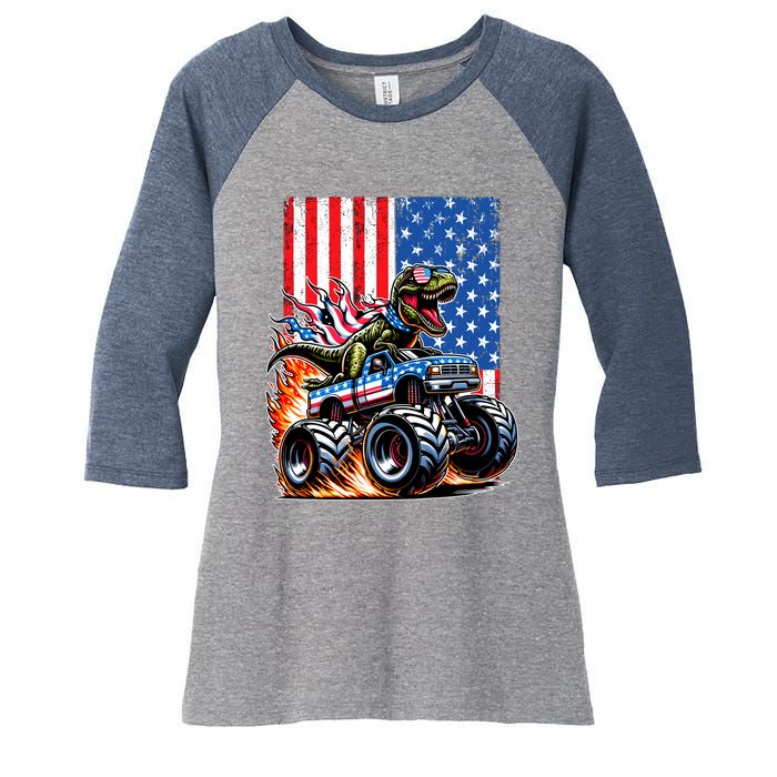 Trex Riding American Monster Truck Usa Flag Women's Tri-Blend 3/4-Sleeve Raglan Shirt