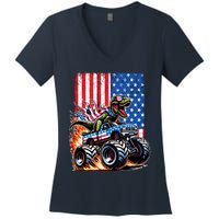 Trex Riding American Monster Truck Usa Flag Women's V-Neck T-Shirt