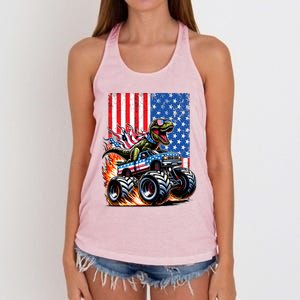 Trex Riding American Monster Truck Usa Flag Women's Knotted Racerback Tank