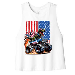 Trex Riding American Monster Truck Usa Flag Women's Racerback Cropped Tank