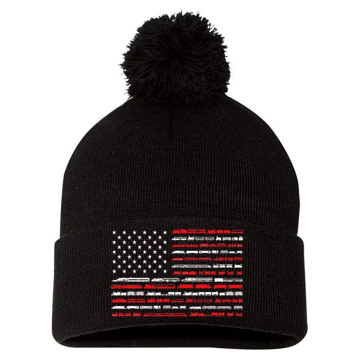 Train Railroad American Flag Vintage Locomotive Pom Pom 12in Knit Beanie