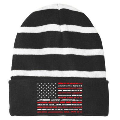 Train Railroad American Flag Vintage Locomotive Striped Beanie with Solid Band