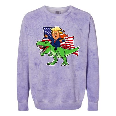 Trump Riding A Dinosaur TRex Funny Merica Patriotic July 4th Colorblast Crewneck Sweatshirt