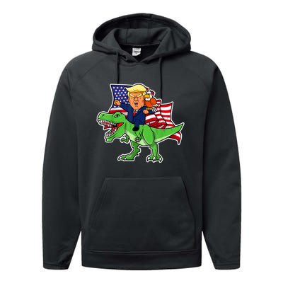 Trump Riding A Dinosaur TRex Funny Merica Patriotic July 4th Performance Fleece Hoodie