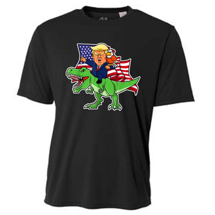 Trump Riding A Dinosaur TRex Funny Merica Patriotic July 4th Cooling Performance Crew T-Shirt