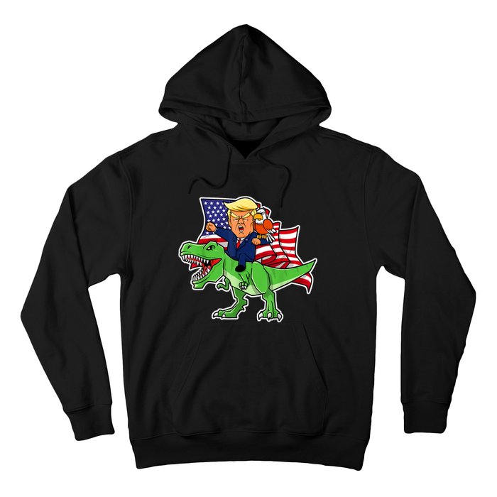 Trump Riding A Dinosaur TRex Funny Merica Patriotic July 4th Hoodie