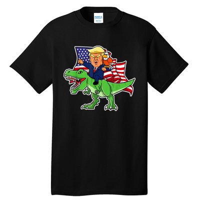 Trump Riding A Dinosaur TRex Funny Merica Patriotic July 4th Tall T-Shirt