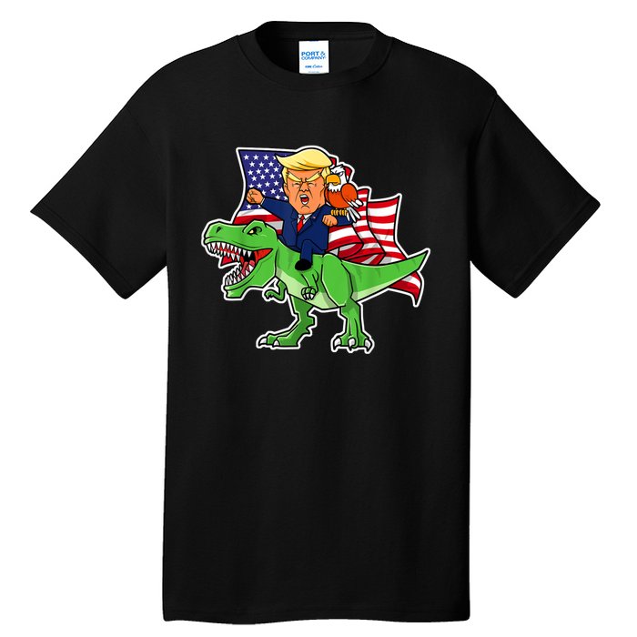 Trump Riding A Dinosaur TRex Funny Merica Patriotic July 4th Tall T-Shirt