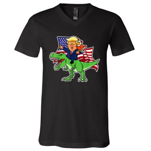 Trump Riding A Dinosaur TRex Funny Merica Patriotic July 4th V-Neck T-Shirt