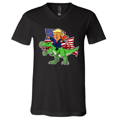 Trump Riding A Dinosaur TRex Funny Merica Patriotic July 4th V-Neck T-Shirt