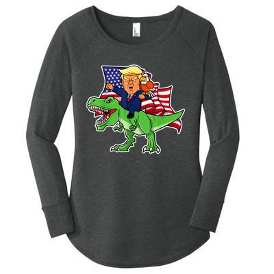 Trump Riding A Dinosaur TRex Funny Merica Patriotic July 4th Women's Perfect Tri Tunic Long Sleeve Shirt