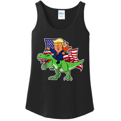 Trump Riding A Dinosaur TRex Funny Merica Patriotic July 4th Ladies Essential Tank