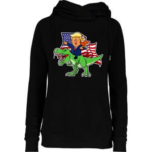 Trump Riding A Dinosaur TRex Funny Merica Patriotic July 4th Womens Funnel Neck Pullover Hood