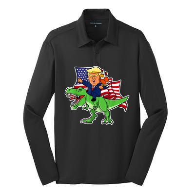 Trump Riding A Dinosaur TRex Funny Merica Patriotic July 4th Silk Touch Performance Long Sleeve Polo