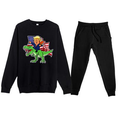 Trump Riding A Dinosaur TRex Funny Merica Patriotic July 4th Premium Crewneck Sweatsuit Set