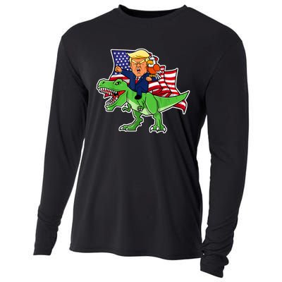 Trump Riding A Dinosaur TRex Funny Merica Patriotic July 4th Cooling Performance Long Sleeve Crew