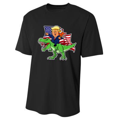 Trump Riding A Dinosaur TRex Funny Merica Patriotic July 4th Performance Sprint T-Shirt