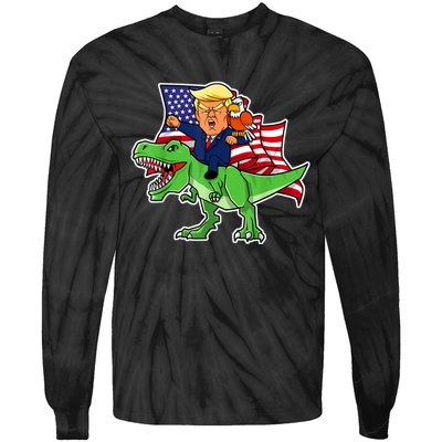 Trump Riding A Dinosaur TRex Funny Merica Patriotic July 4th Tie-Dye Long Sleeve Shirt