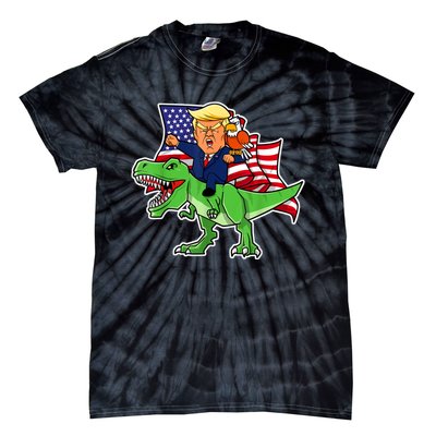 Trump Riding A Dinosaur TRex Funny Merica Patriotic July 4th Tie-Dye T-Shirt