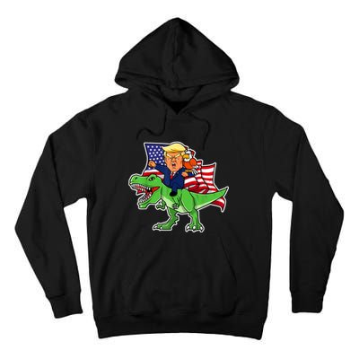 Trump Riding A Dinosaur TRex Funny Merica Patriotic July 4th Tall Hoodie