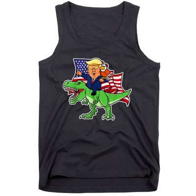 Trump Riding A Dinosaur TRex Funny Merica Patriotic July 4th Tank Top