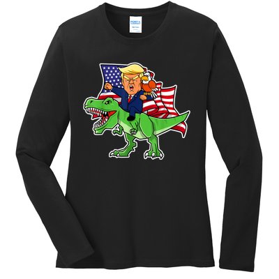 Trump Riding A Dinosaur TRex Funny Merica Patriotic July 4th Ladies Long Sleeve Shirt