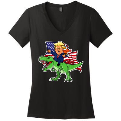 Trump Riding A Dinosaur TRex Funny Merica Patriotic July 4th Women's V-Neck T-Shirt