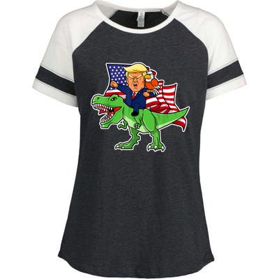 Trump Riding A Dinosaur TRex Funny Merica Patriotic July 4th Enza Ladies Jersey Colorblock Tee