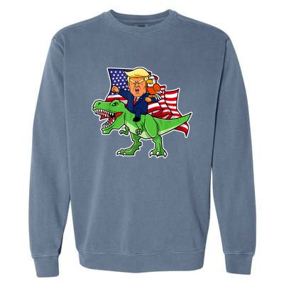 Trump Riding A Dinosaur TRex Funny Merica Patriotic July 4th Garment-Dyed Sweatshirt