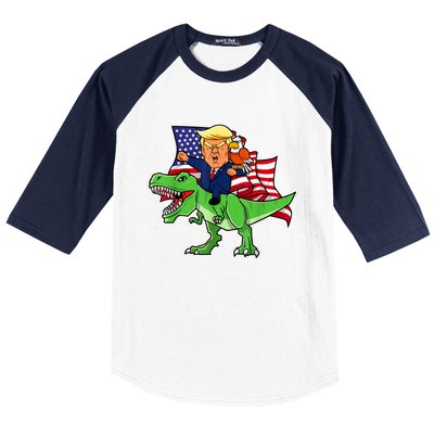 Trump Riding A Dinosaur TRex Funny Merica Patriotic July 4th Baseball Sleeve Shirt