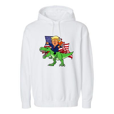 Trump Riding A Dinosaur TRex Funny Merica Patriotic July 4th Garment-Dyed Fleece Hoodie