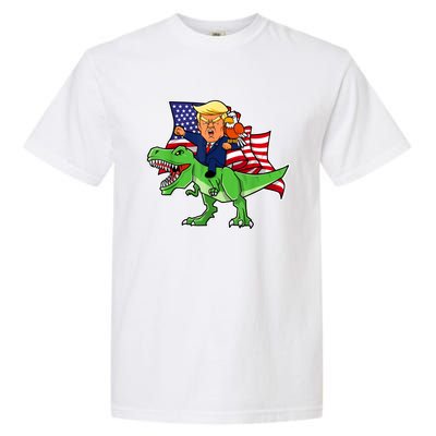 Trump Riding A Dinosaur TRex Funny Merica Patriotic July 4th Garment-Dyed Heavyweight T-Shirt