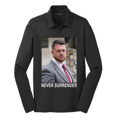 Tommy Robinson And Trump Mugshot Never Surrender Silk Touch Performance Long Sleeve Polo