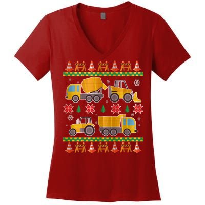 Tractors And Bulldozers Ugly Christmas Sweater Women's V-Neck T-Shirt