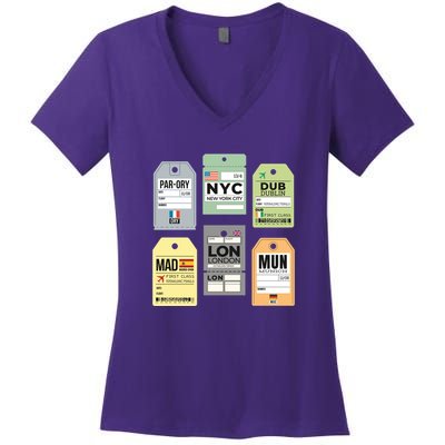 Travel Luggage Tags Women's V-Neck T-Shirt