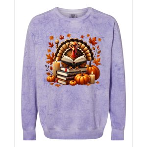 Turkey Reading Books Fall Thanksgiving Teacher Book Lovers Colorblast Crewneck Sweatshirt