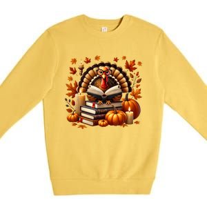 Turkey Reading Books Fall Thanksgiving Teacher Book Lovers Premium Crewneck Sweatshirt