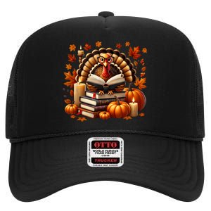 Turkey Reading Books Fall Thanksgiving Teacher Book Lovers High Crown Mesh Back Trucker Hat