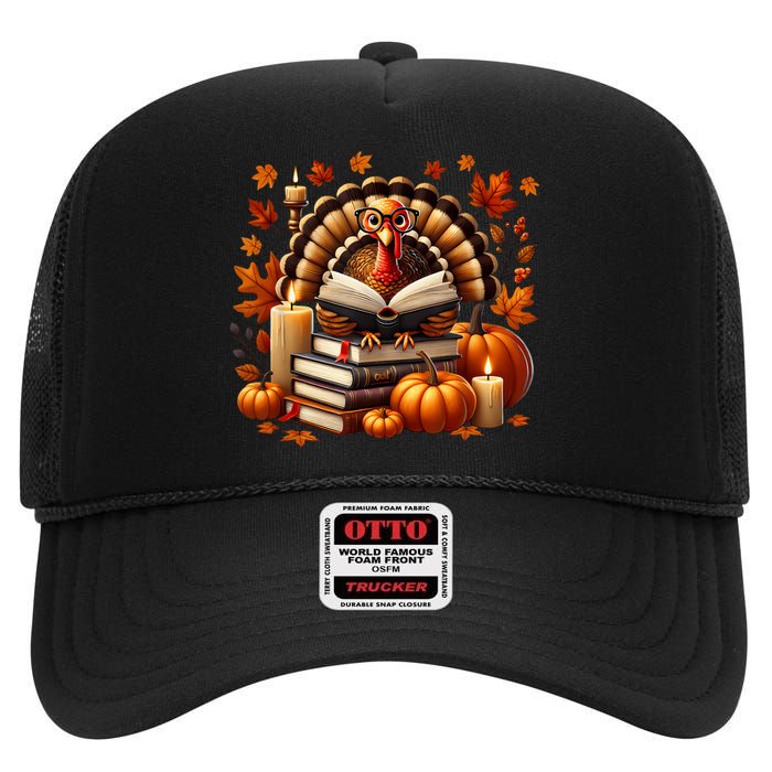 Turkey Reading Books Fall Thanksgiving Teacher Book Lovers High Crown Mesh Back Trucker Hat