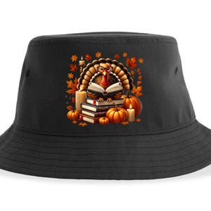 Turkey Reading Books Fall Thanksgiving Teacher Book Lovers Sustainable Bucket Hat