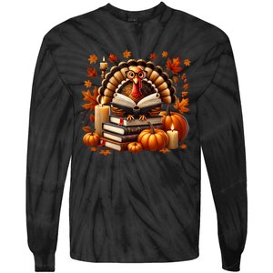 Turkey Reading Books Fall Thanksgiving Teacher Book Lovers Tie-Dye Long Sleeve Shirt