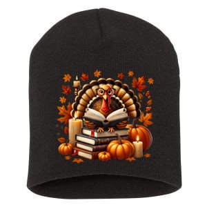 Turkey Reading Books Fall Thanksgiving Teacher Book Lovers Short Acrylic Beanie