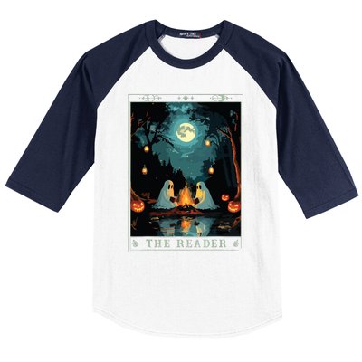 The Reader Bookish Cute Spooky Ghost Reading Book Tarot Card Baseball Sleeve Shirt