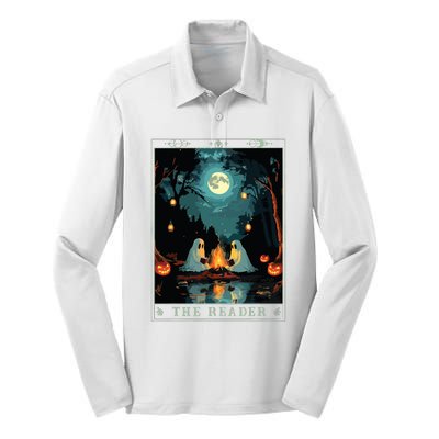 The Reader Bookish Cute Spooky Ghost Reading Book Tarot Card Silk Touch Performance Long Sleeve Polo