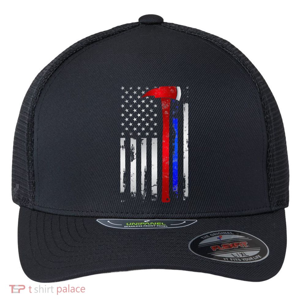 Thin Red Blue line American Flag Axe gift Firefighter Police Flexfit Unipanel Trucker Cap