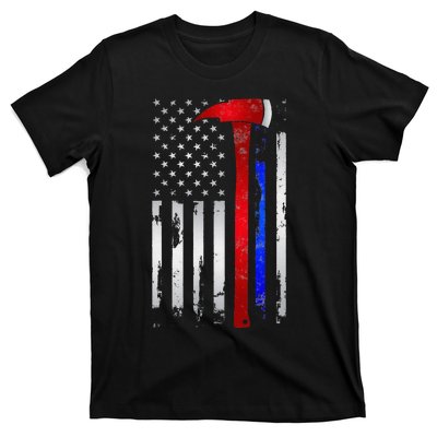 Thin Red Blue line American Flag Axe gift Firefighter Police T-Shirt