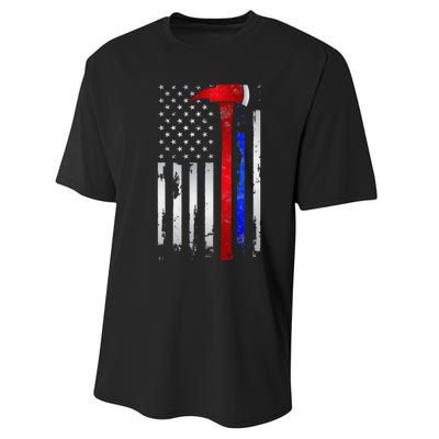 Thin Red Blue line American Flag Axe gift Firefighter Police Performance Sprint T-Shirt