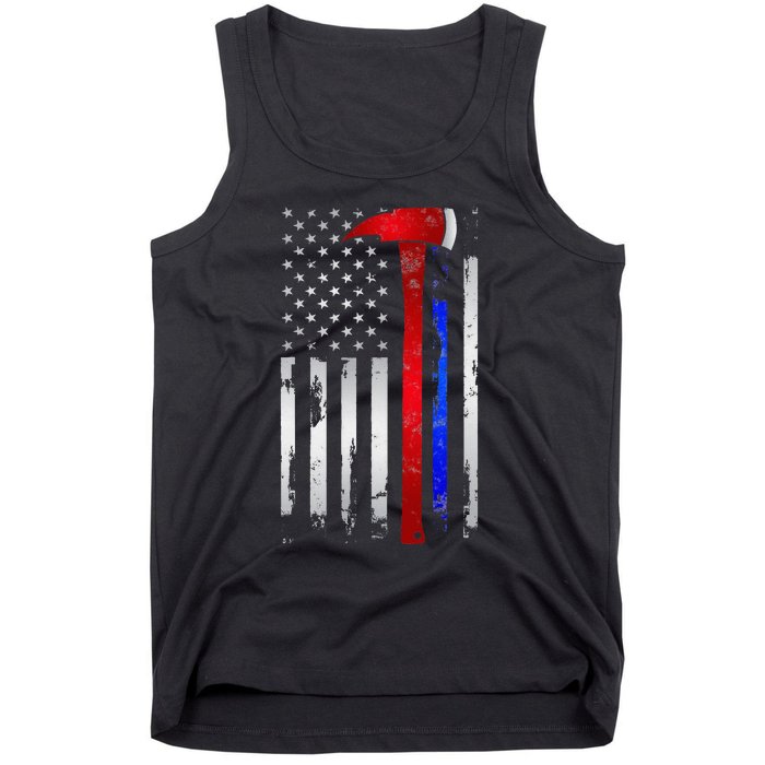 Thin Red Blue line American Flag Axe gift Firefighter Police Tank Top