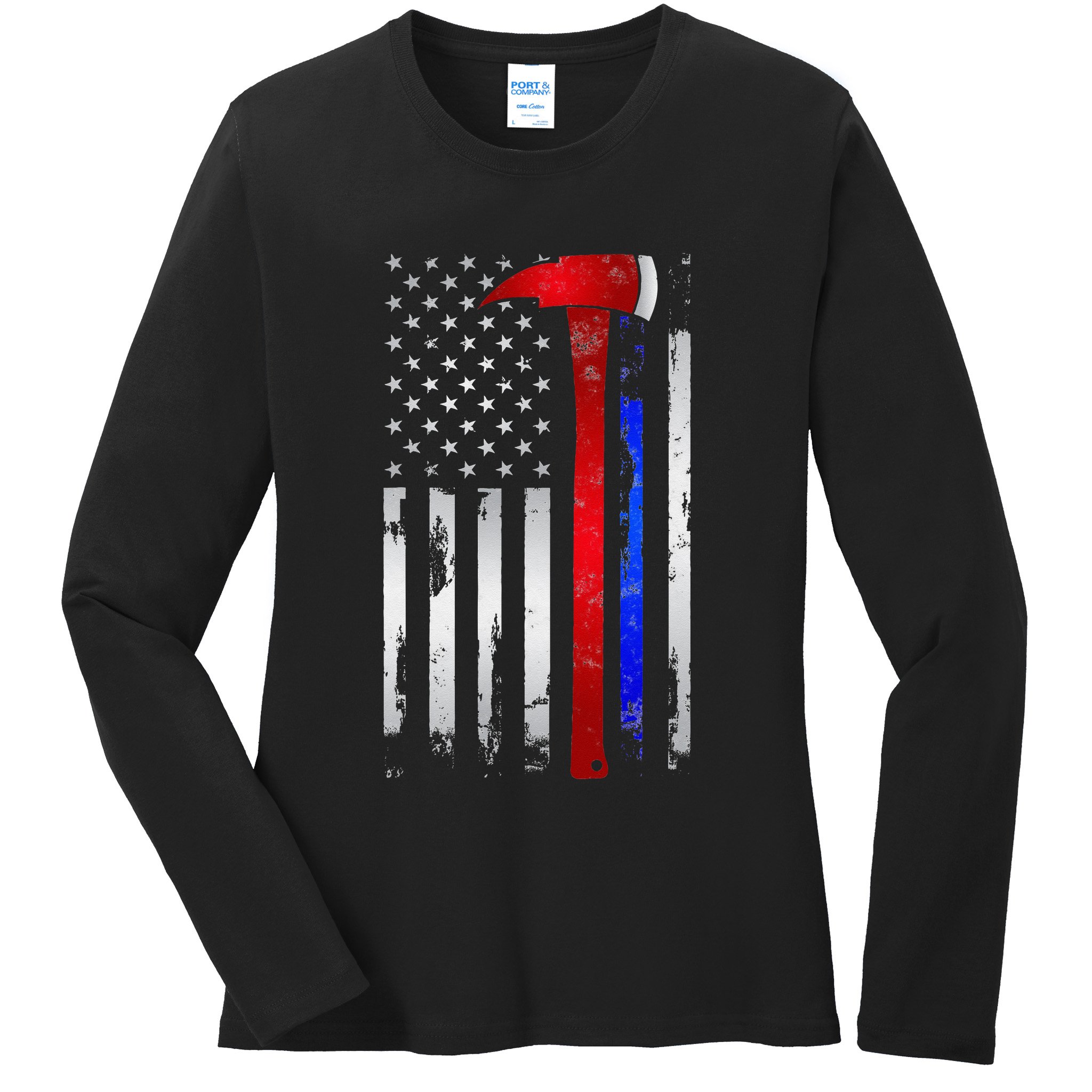 Thin Red Blue line American Flag Axe gift Firefighter Police Ladies Long Sleeve Shirt