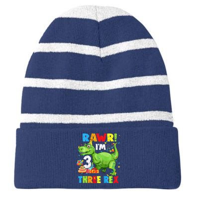 Three Rex Birthday Party Outfit Dinosaur 3 Year Old Boy Striped Beanie with Solid Band